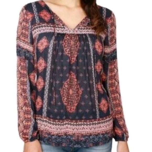Lucky Brand Women's Boho Floral Border Print Peasant Blouse Sz XL Navy Blue Red - Picture 9 of 9